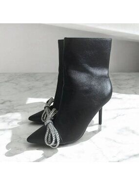 WINDSOR Flora Black Rhinestone Jeweled Bow Heels Boots Size 7